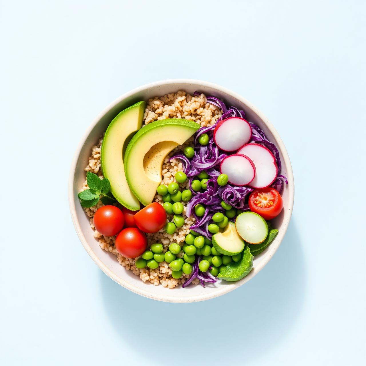 Fresh buddha bowl with avocado, quinoa and vegetables